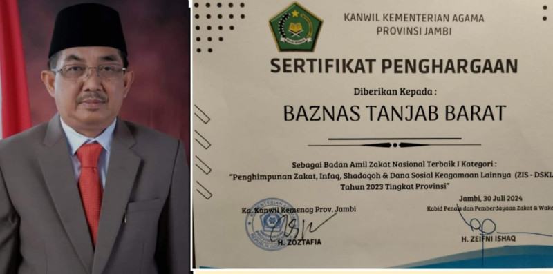 Prestasi Lagi, Tanjabbar Terima Penghargaan Baznas Terbaik se Provinsi Jambi