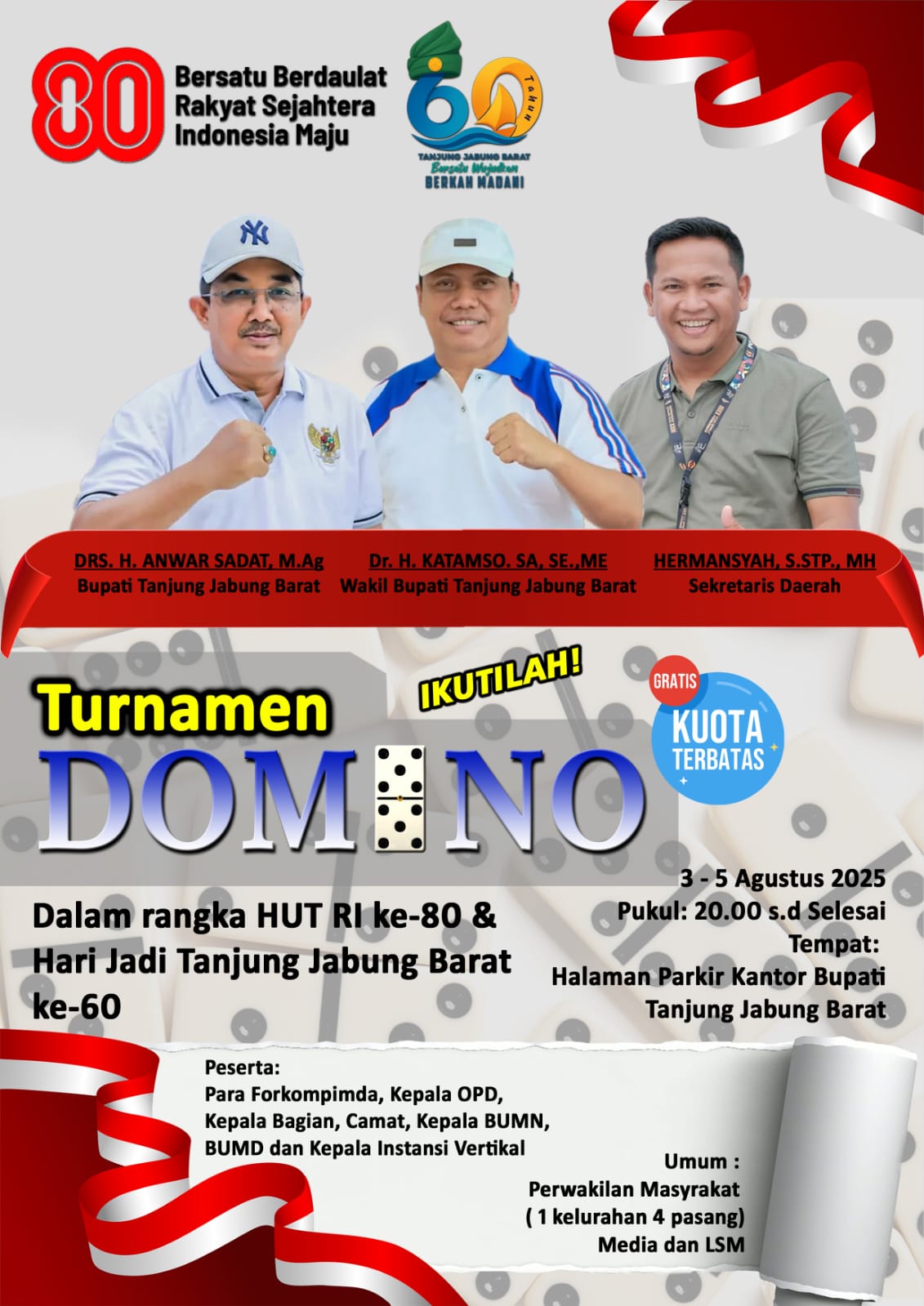 Meriahkan Dirgahayu RI ke-80 dan HUT Tanjab Barat ke-60, Pemkab Gelar Lomba Domino Bertabur Hadiah